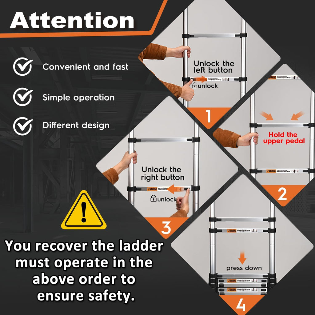 Lightweight aluminum telescopic ladder with 2 triangular stabilizers, maximum load capacity 330 lbs.