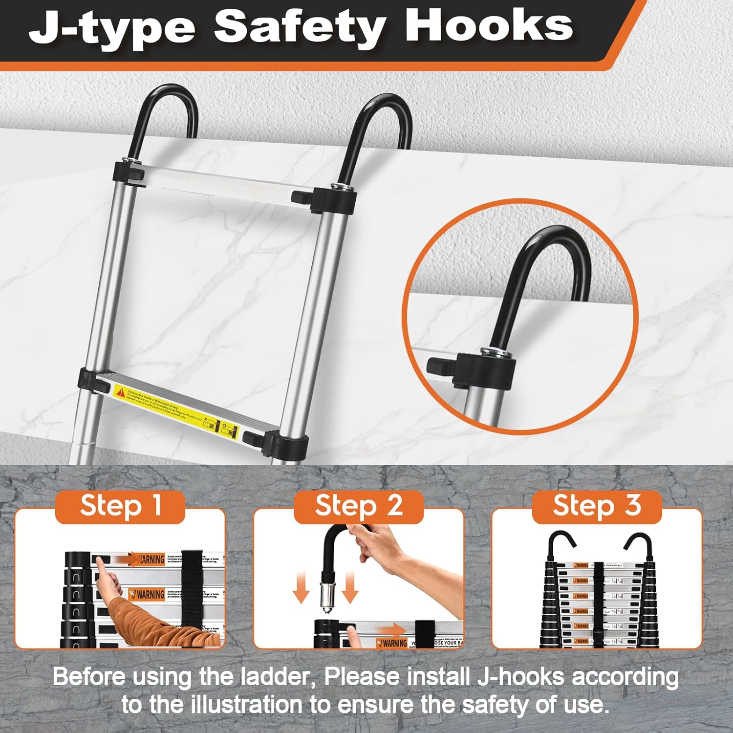 Lightweight aluminum telescopic ladder with 2 triangular stabilizers, maximum load capacity 330 lbs.