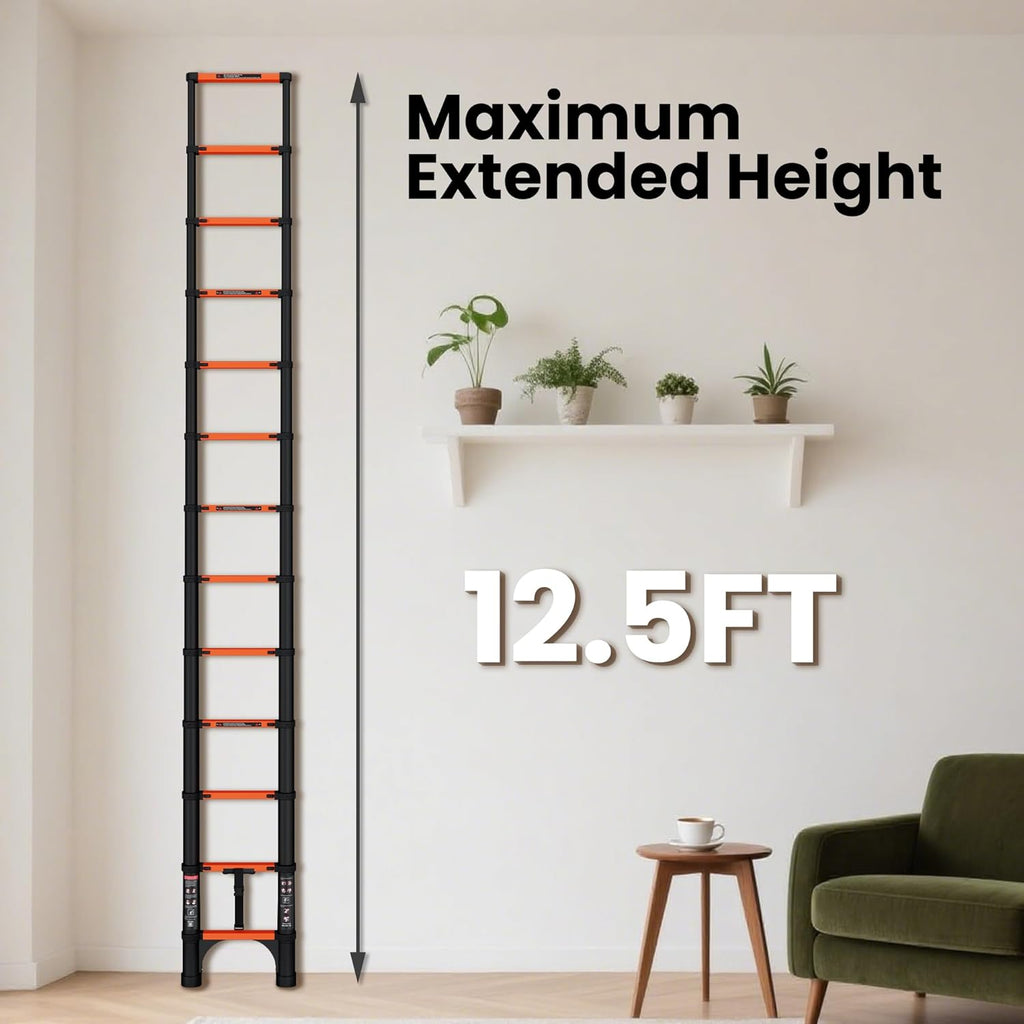 Telescopic ladder, aluminum alloy telescopic ladder, 330 lbs load capacity, multi-purpose foldable ladder for home and office use; orange