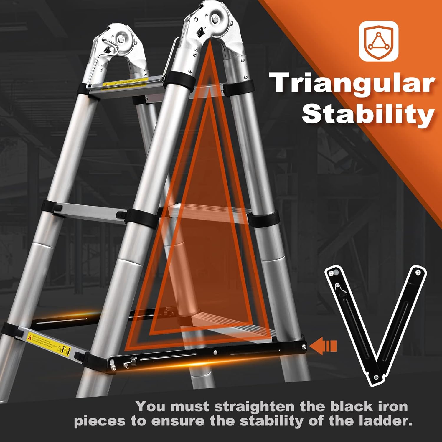 Lightweight aluminum telescopic ladder with 2 triangular stabilizers, maximum load capacity 330 lbs.