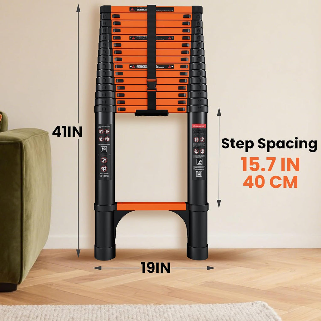 Telescopic ladder, aluminum alloy telescopic ladder, 330 lbs load capacity, multi-purpose foldable ladder for home and office use; orange