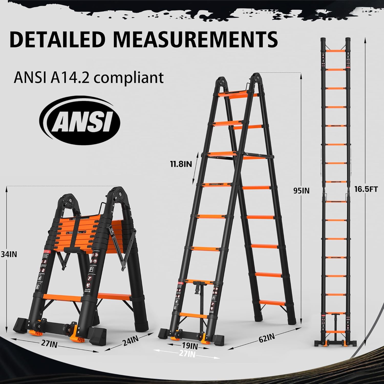 Telescopic ladder, aluminum alloy telescopic ladder, 330 lbs load capacity, multi-purpose foldable ladder for home and office use; orange
