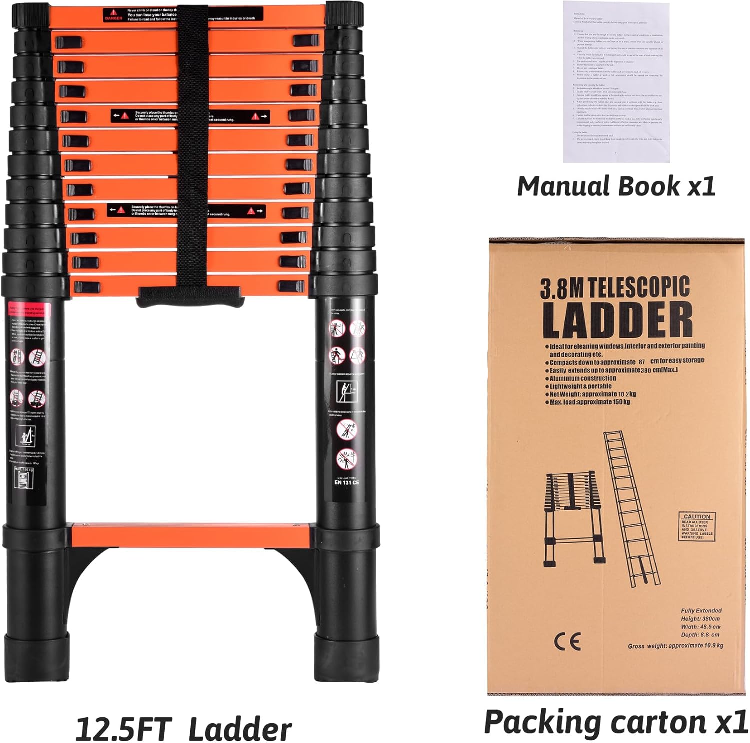 Telescopic ladder, aluminum alloy telescopic ladder, 330 lbs load capacity, multi-purpose foldable ladder for home and office use; orange