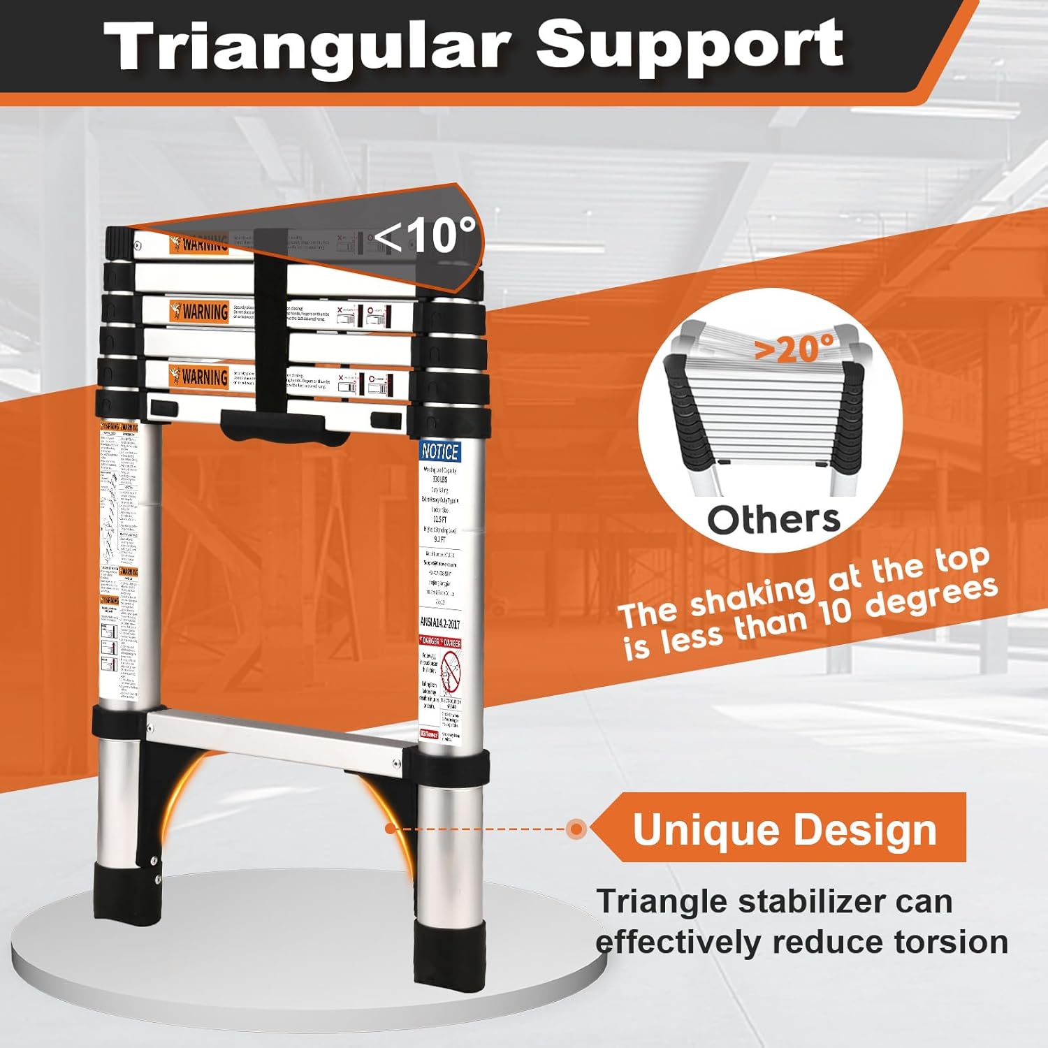 Lightweight aluminum telescopic ladder with 2 triangular stabilizers, maximum load capacity 330 lbs.