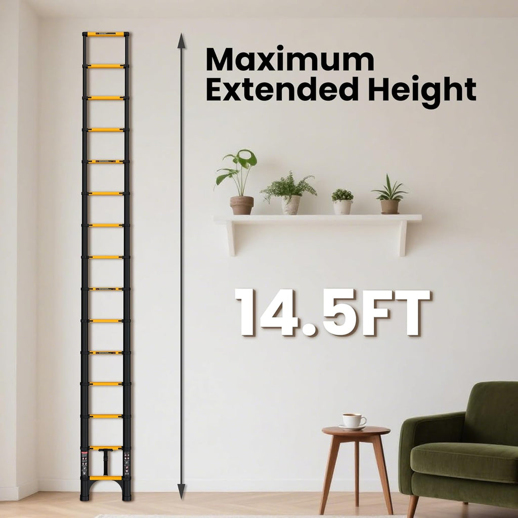 Telescopic ladder, aluminum alloy telescopic ladder, 330 lbs load capacity, multi-purpose foldable ladder for home and office use; orange