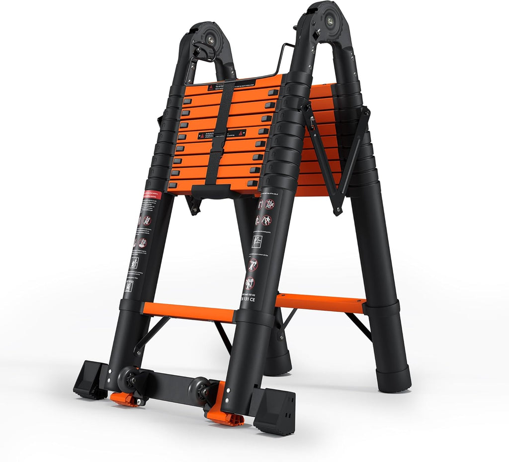 Telescopic ladder, aluminum alloy telescopic ladder, 330 lbs load capacity, multi-purpose foldable ladder for home and office use; orange