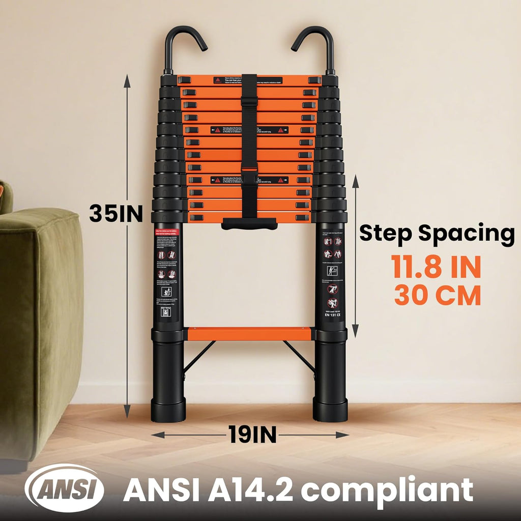 Telescopic ladder, aluminum alloy telescopic ladder, 330 lbs load capacity, multi-purpose foldable ladder for home and office use; orange