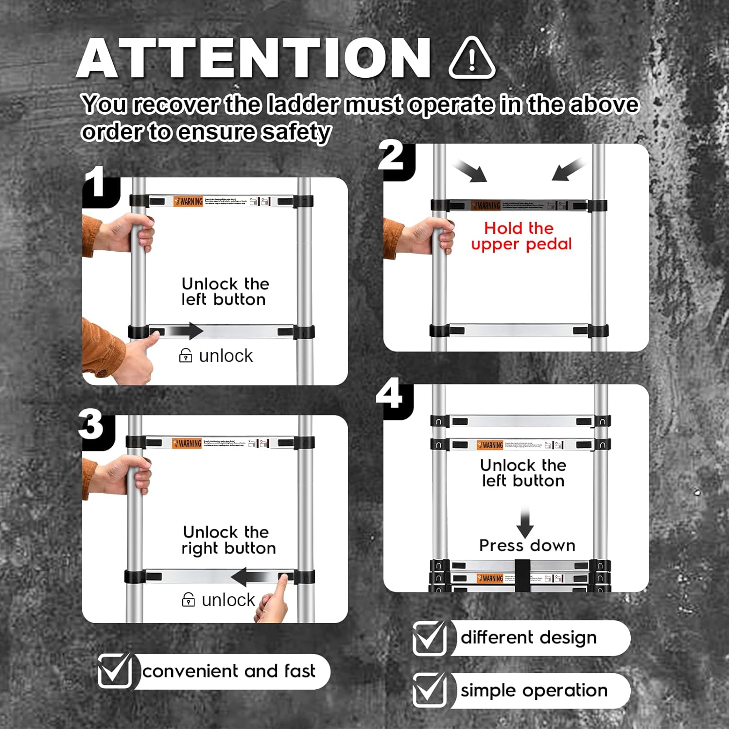 Lightweight aluminum telescopic ladder with 2 triangular stabilizers, maximum load capacity 330 lbs.
