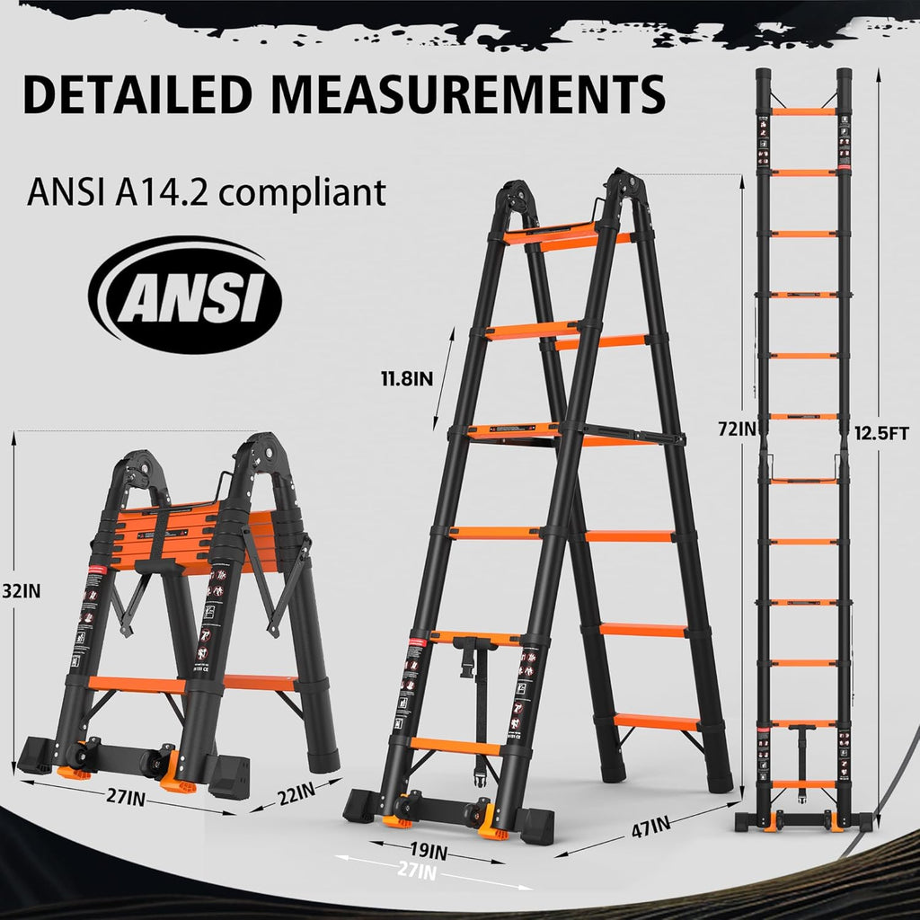 Telescopic ladder, aluminum alloy telescopic ladder, 330 lbs load capacity, multi-purpose foldable ladder for home and office use; orange