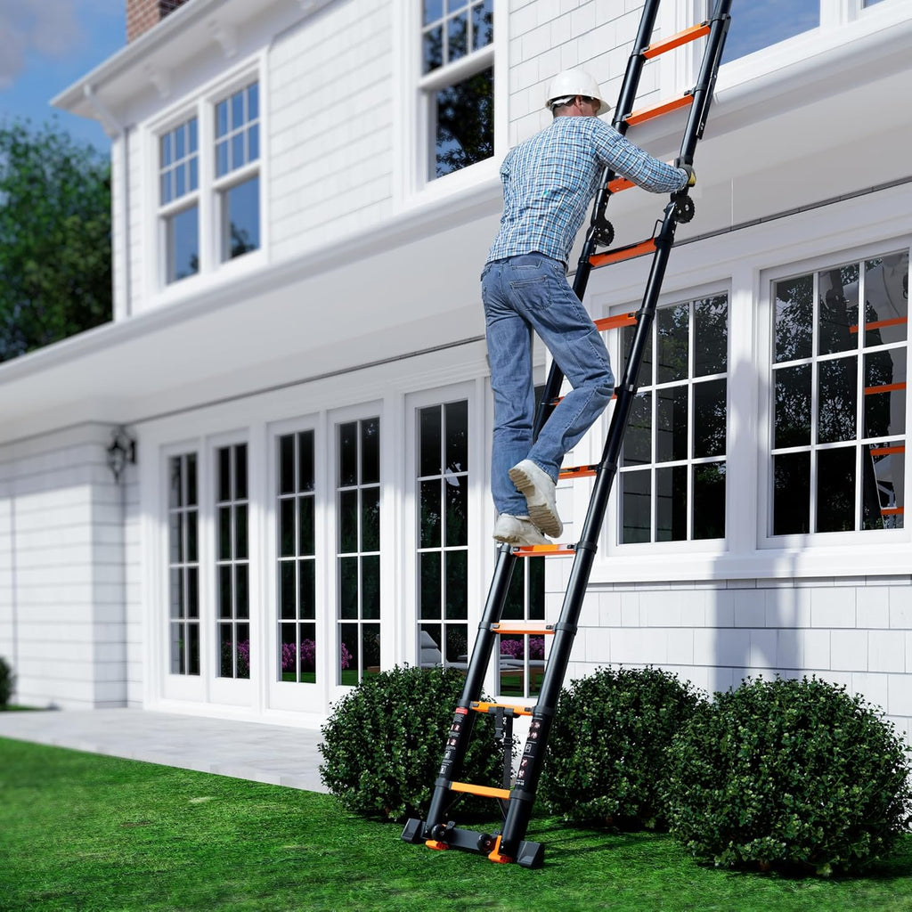 Telescopic ladder, aluminum alloy telescopic ladder, 330 lbs load capacity, multi-purpose foldable ladder for home and office use; orange
