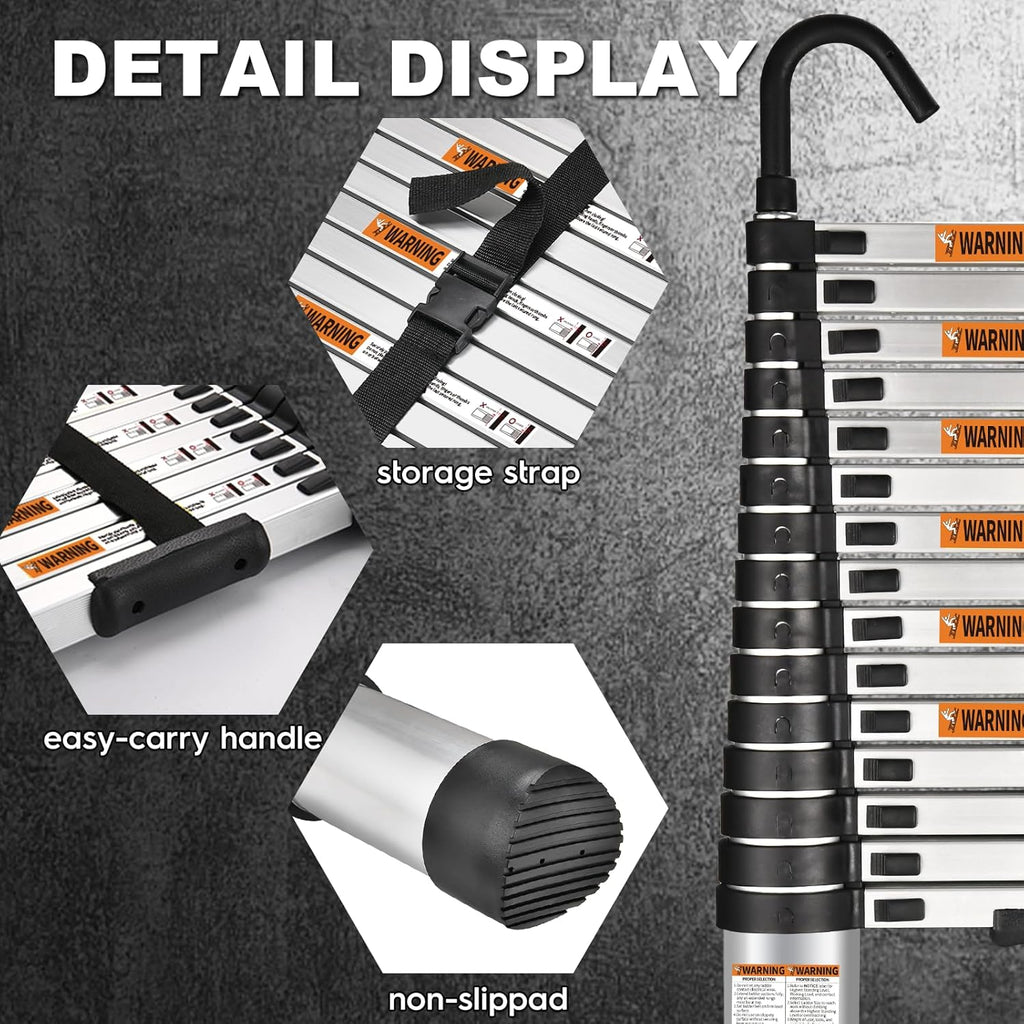 Lightweight aluminum telescopic ladder with 2 triangular stabilizers, maximum load capacity 330 lbs.